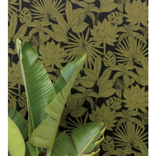 dzsungellevelek művészi ábrázolásban fekete zöld csillogó fémes fény tapéta