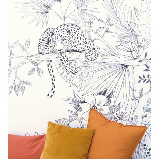  KENYA Natur grafikus leopárd a dzsungel lombozatán fehér mélykék fekete falpane