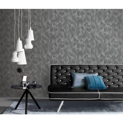 Erismann ELLE Decoration 10151-47 Grafikus Stilizált levelek hullámokba rejtve szürke sötétszürke ezüst csillogó mintarészletek tapéta