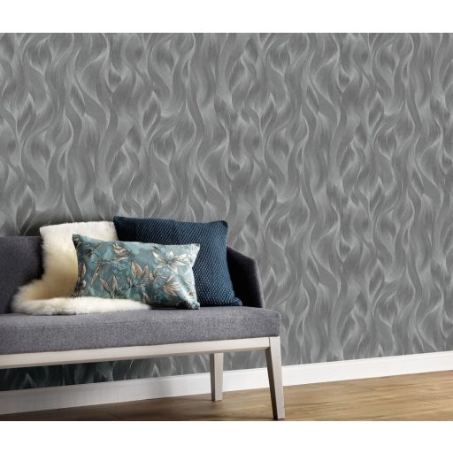 Erismann ELLE Decoration 10151-47 Grafikus Stilizált levelek hullámokba rejtve szürke sötétszürke ezüst csillogó mintarészletek tapéta