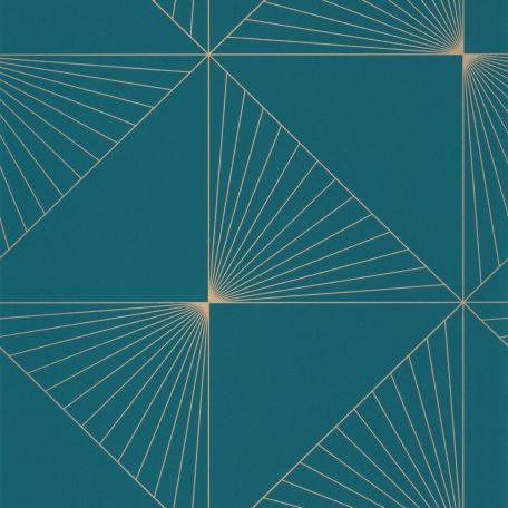 Napsugár ihletésű egyenes és szimmetrikus vonalak garfikai minta zöldeskék arany tapéta