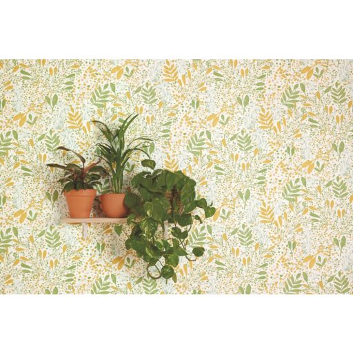 Etalon! A kollekció kedvence! Réti virágok levelek mintája krémfehér zöld és narancs tónus tapéta