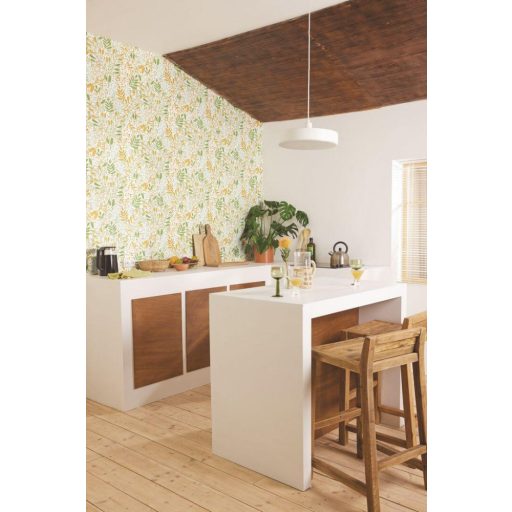 Etalon! A kollekció kedvence! Réti virágok levelek mintája krémfehér zöld és narancs tónus tapéta