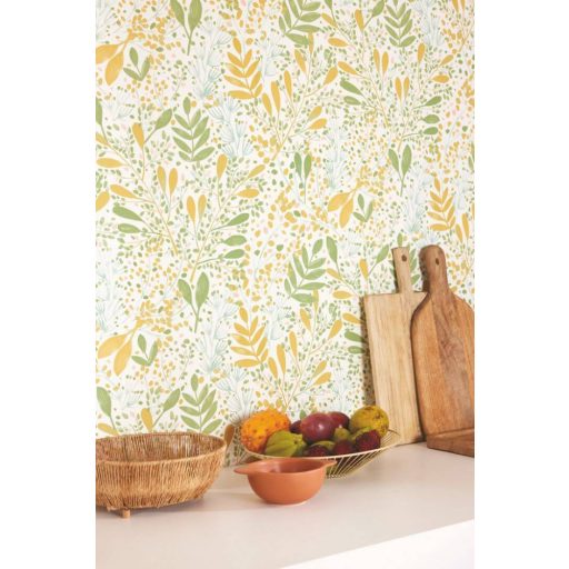 Etalon! A kollekció kedvence! Réti virágok levelek mintája krémfehér zöld és narancs tónus tapéta