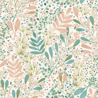   Etalon! A kollekció kedvence! Réti virágok levelek mintája krémfehér zöld kékeszöld és barack/narancs tónus tapéta