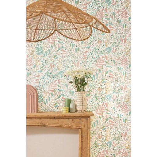 Etalon! A kollekció kedvence! Réti virágok levelek mintája krémfehér zöld kékeszöld és barack/narancs tónus tapéta