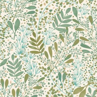   Etalon! A kollekció kedvence! Réti virágok levelek mintája krémfehér mohazöld arany és zöldeskék tónus tapéta