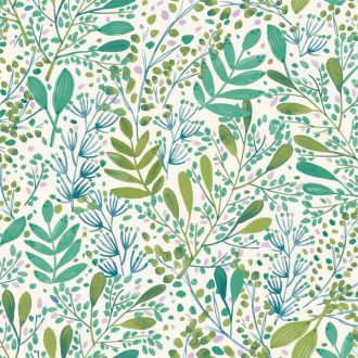   Etalon! A kollekció kedvence! Réti virágok levelek mintája krémfehér zöld zöldeskék és lila tónus tapéta