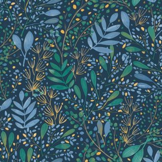   Etalon! A kollekció kedvence! Réti virágok levelek mintája indigókék zöld arany és vízkék tónus tapéta