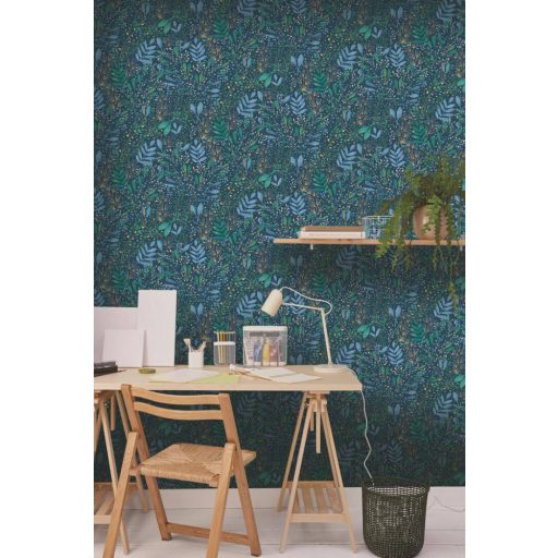 Etalon! A kollekció kedvence! Réti virágok levelek mintája indigókék zöld arany és vízkék tónus tapéta