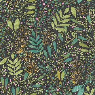   Etalon! A kollekció kedvence! Réti virágok levelek mintája fekete zöld kékeszöld arany és lila tónus tapéta