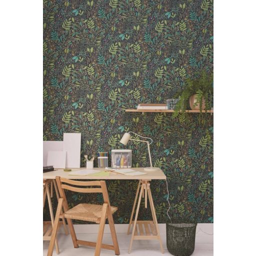 Etalon! A kollekció kedvence! Réti virágok levelek mintája fekete zöld kékeszöld arany és lila tónus tapéta