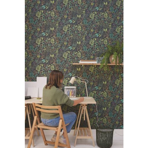 Etalon! A kollekció kedvence! Réti virágok levelek mintája fekete zöld kékeszöld arany és lila tónus tapéta