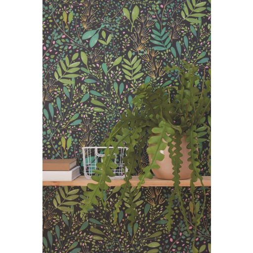 Etalon! A kollekció kedvence! Réti virágok levelek mintája fekete zöld kékeszöld arany és lila tónus tapéta