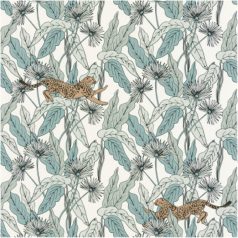   Caselio The Place to Be(d) 101770000 FANTASY WORLD Natur Organikus minta leopárdokkal fehér mandula és mentazöld fekete aranybarna tapéta