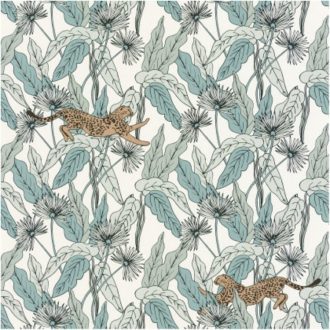   Caselio The Place to Be(d) 101770000 FANTASY WORLD Natur Organikus minta leopárdokkal fehér mandula és mentazöld fekete aranybarna tapéta