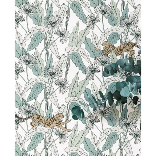 Caselio The Place to Be(d) 101770000 FANTASY WORLD Natur Organikus minta leopárdokkal fehér mandula és mentazöld fekete aranybarna tapéta
