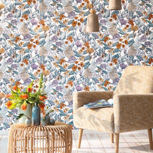 Caselio Flower Power 101855060  MAY Csodás virágdekor hónapról hónapra Május Réti füvek virágok fehér kék narancs lila tapéta