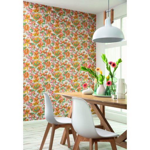 Caselio Flower Power 101877023 JULY Csodás virágdekor hónapról hónapra Július Vintage skandináv virágok vízkék okker korall zöld tapéta