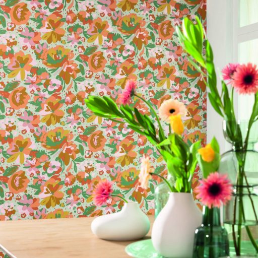 Caselio Flower Power 101877023 JULY Csodás virágdekor hónapról hónapra Július Vintage skandináv virágok vízkék okker korall zöld tapéta