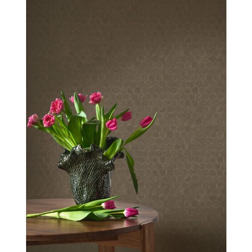 Méhsejtek geometriai tökéletessége - szabályos hatszögek fémes irizáló mintája földes barna/szürkésbarna/faszénfekete tónus tapéta