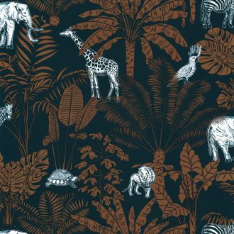   Caselio Our Planet 101956915 JUNGLE TRIP Gyerekszobai a dzsungel és állatai éjkék teveszőrbarna fehér tapéta