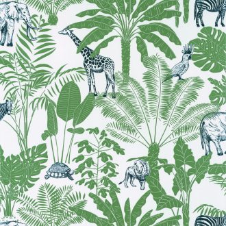   Caselio Our Planet 101957403 JUNGLE TRIP Gyerekszobai a dzsungel és állatai fehér khakizöld éjkék tapéta