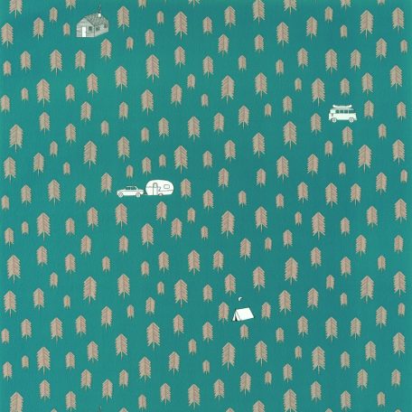 Caselio Our Planet 101976029 SUMMER CAMP Gyerekszobai Nyári tábor a fenyőerdőben türkizkék bézs szürke fehér tapéta