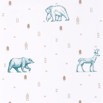   Caselio Our Planet 101986009 GRIZZLY BEARS Gyerekszobai Grizzlyk és szarvasok fehér bézs farmerkék tapéta