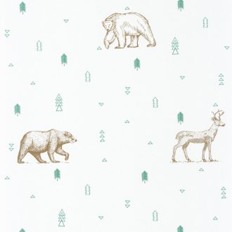   Caselio Our Planet 101987112 GRIZZLY BEARS Gyerekszobai Grizzlyk és szarvasok fehér bézs vízzöld/szürkészöld tapéta