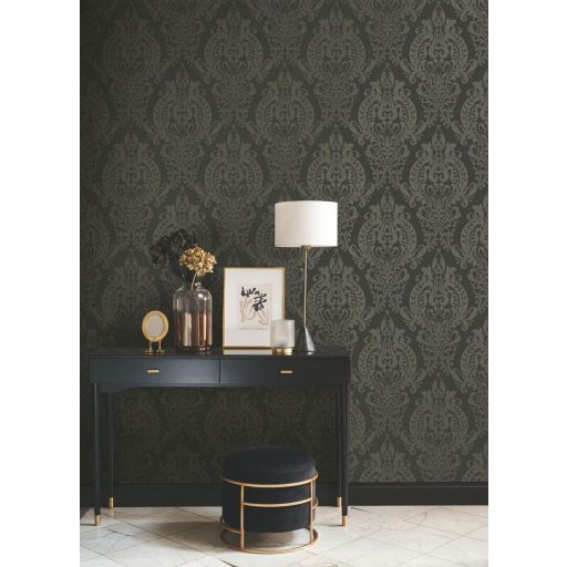 Barokk pompát modern eleganciával ötvöző damaszt mintázat antracitszürke és olívzöld/zöldarany tónus irizáló hatás tapéta