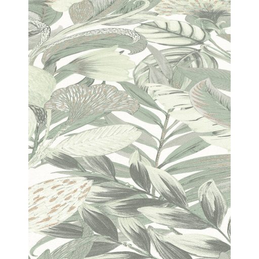 Erismann ELLE Decoration 2, 10202-07 Natur Botanikus nagyformátumú levélminta krémfehér bézs zöld fényes mintarészletek tapéta