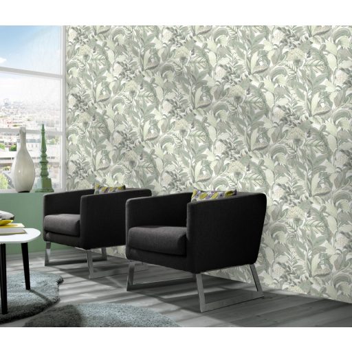 Erismann ELLE Decoration 2, 10202-07 Natur Botanikus nagyformátumú levélminta krémfehér bézs zöld fényes mintarészletek tapéta