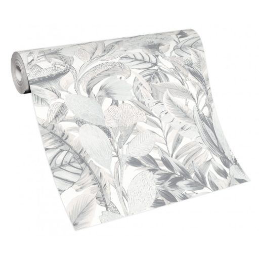 Erismann ELLE Decoration 2, 10202-10 Natur Botanikus nagyformátumú levélminta fehér krém szürke ezüst fényes mintarészletek tapéta