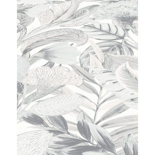 Erismann ELLE Decoration 2, 10202-10 Natur Botanikus nagyformátumú levélminta fehér krém szürke ezüst fényes mintarészletek tapéta