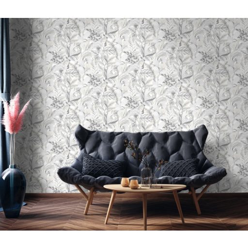 Erismann ELLE Decoration 2, 10202-10 Natur Botanikus nagyformátumú levélminta fehér krém szürke ezüst fényes mintarészletek tapéta