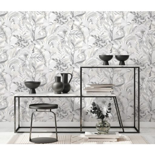 Erismann ELLE Decoration 2, 10202-10 Natur Botanikus nagyformátumú levélminta fehér krém szürke ezüst fényes mintarészletek tapéta