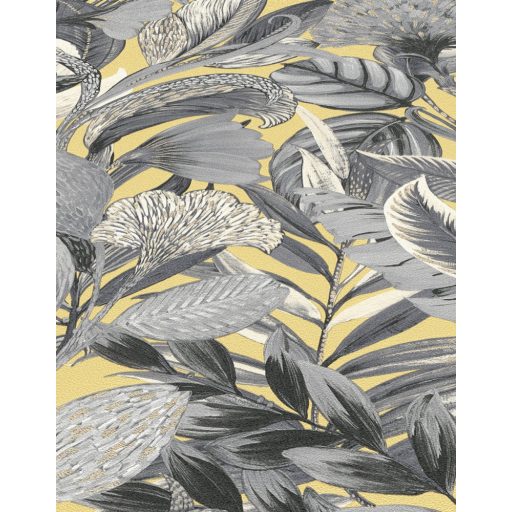 Erismann ELLE Decoration 2, 10202-15 Natur Botanikus nagyformátumú levélminta aranysárga bézs szürke ezüst fényes mintarészletek tapéta