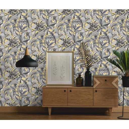 Erismann ELLE Decoration 2, 10202-15 Natur Botanikus nagyformátumú levélminta aranysárga bézs szürke ezüst fényes mintarészletek tapéta