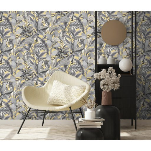 Erismann ELLE Decoration 2, 10202-15 Natur Botanikus nagyformátumú levélminta aranysárga bézs szürke ezüst fényes mintarészletek tapéta