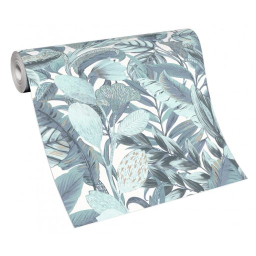 Erismann ELLE Decoration 2, 10202-18 Natur Botanikus nagyformátumú levélminta fehér kék türkiz arany fényes mintarészletek tapéta