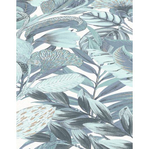 Erismann ELLE Decoration 2, 10202-18 Natur Botanikus nagyformátumú levélminta fehér kék türkiz arany fényes mintarészletek tapéta