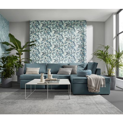 Erismann ELLE Decoration 2, 10202-18 Natur Botanikus nagyformátumú levélminta fehér kék türkiz arany fényes mintarészletek tapéta