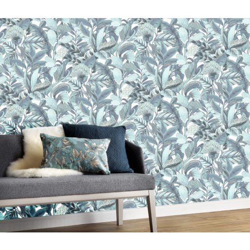 Erismann ELLE Decoration 2, 10202-18 Natur Botanikus nagyformátumú levélminta fehér kék türkiz arany fényes mintarészletek tapéta