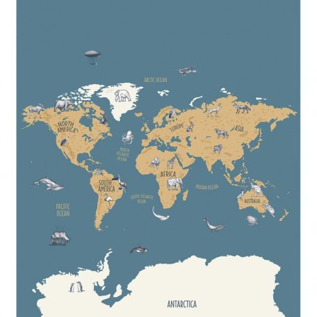 Caselio Our Planet 102032066  WORLD MAP Világtérkép felfedezőknek ikonikus állatokkal kék sárga fehér szürke fekete digitális falpanel