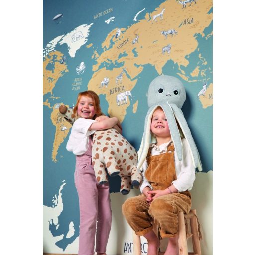 Caselio Our Planet 102032066  WORLD MAP Világtérkép felfedezőknek ikonikus állatokkal kék sárga fehér szürke fekete digitális falpanel