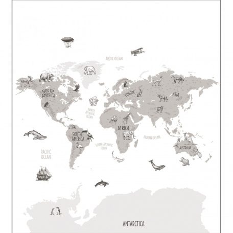 Caselio Our Planet 102039918  WORLD MAP Világtérkép felfedezőknek ikonikus állatokkal fehér szürke szürkésbézs fekete digitális falpanel