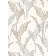   Erismann ELLE Decoration 2, 10207-08 Natur Botanikus Grafikus finoman erezett levélminta krém bézs szürkéskék bézsarany fényes mintarajzolat tapéta