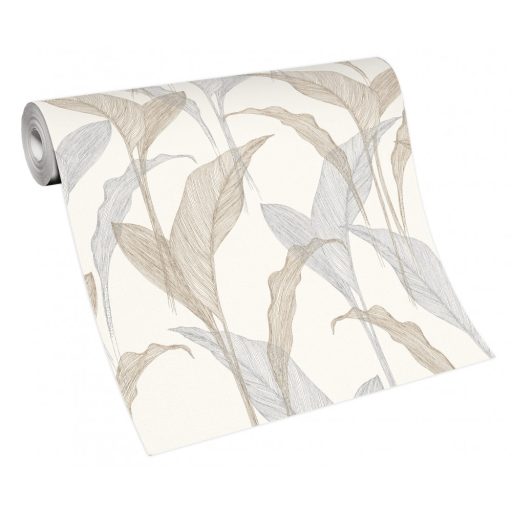 Erismann ELLE Decoration 2, 10207-08 Natur Botanikus Grafikus finoman erezett levélminta krém bézs szürkéskék bézsarany fényes mintarajzolat tapéta