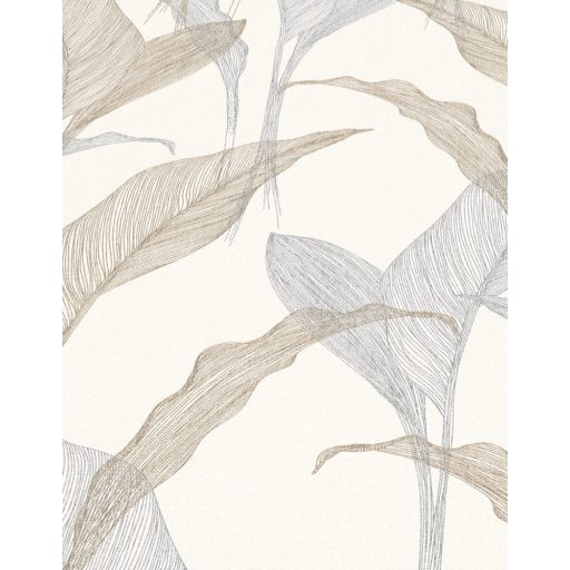 Erismann ELLE Decoration 2, 10207-08 Natur Botanikus Grafikus finoman erezett levélminta krém bézs szürkéskék bézsarany fényes mintarajzolat tapéta